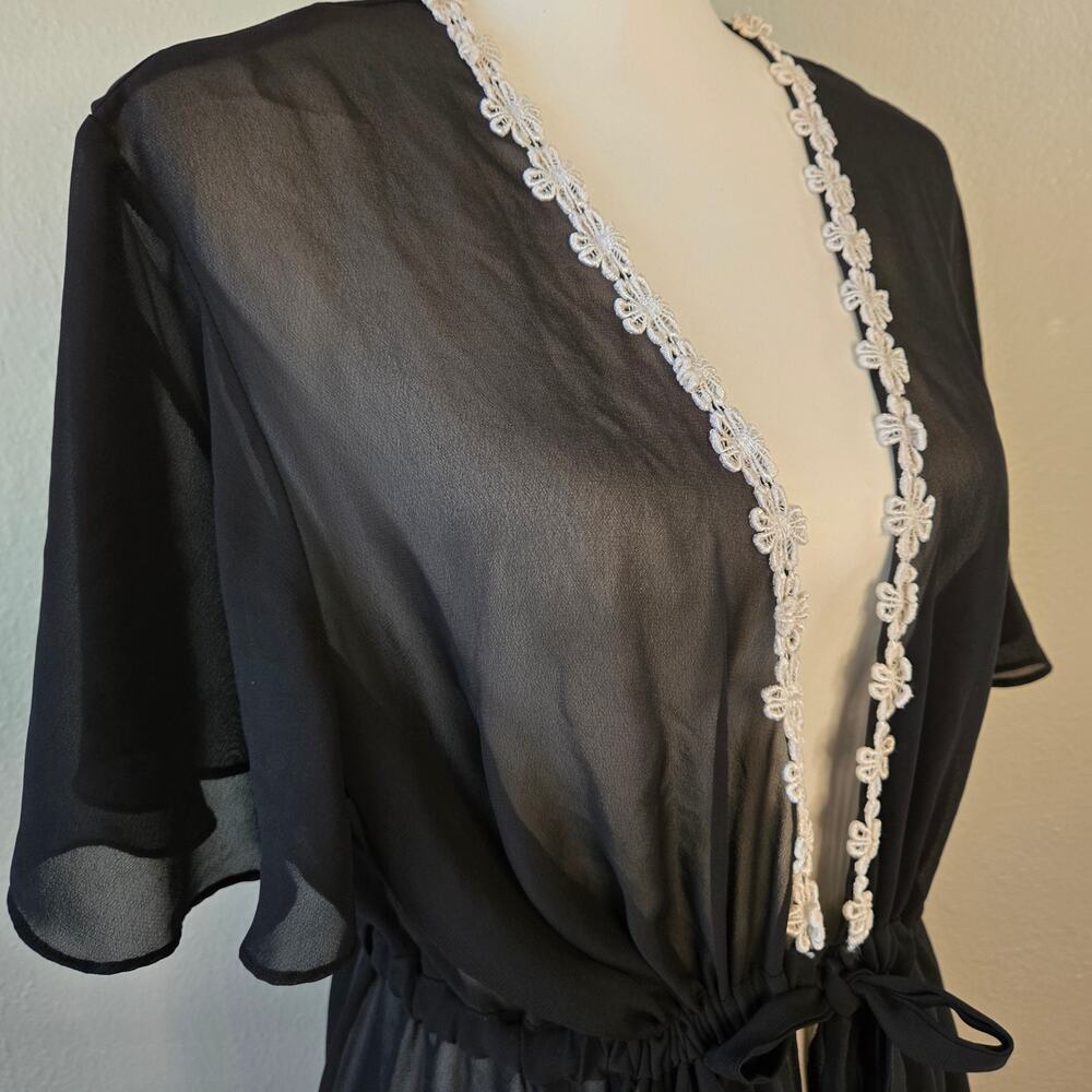 Coquette Flowy Sheer Floral Trim Kimono Robe Size L Black Romantic Lingerie